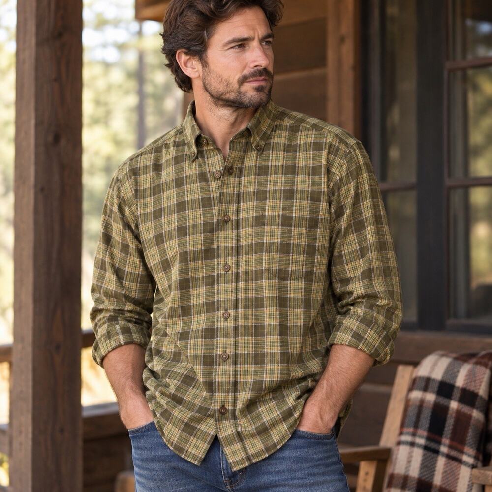 Sir Pendleton Men’s Medium Worsted Wool Plaid Button Down Green Brown Heritage